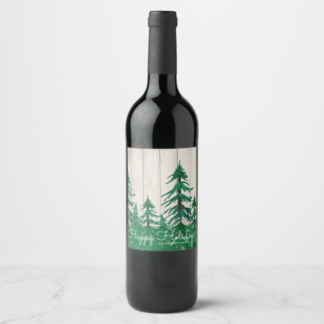 Rustic Watercolor Pine Trees Happy Holidays Wine Label (Front)