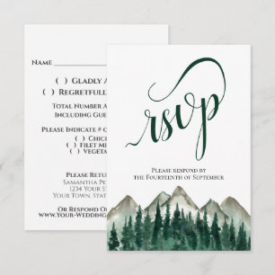 Rustic Watercolor Pine Trees & Mountains Wedding RSVP Card
