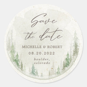 Rustic Watercolor Pine Trees Save The Date  Classic Round Sticker