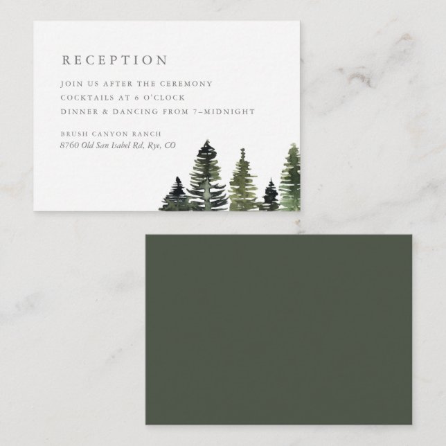 Rustic Watercolor Pine Trees Wedding Reception Enclosure Card (Front/Back)