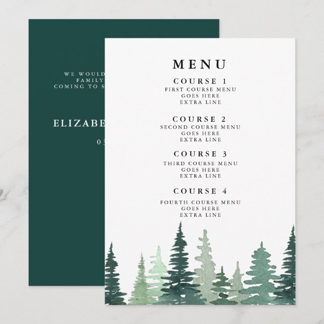 Rustic Watercolor Pine Winter Wedding Menu (Front/Back)