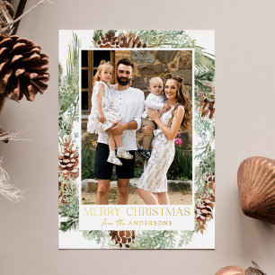 Rustic Watercolor Pinecone Wreath 2 Photo Foil Holiday Card