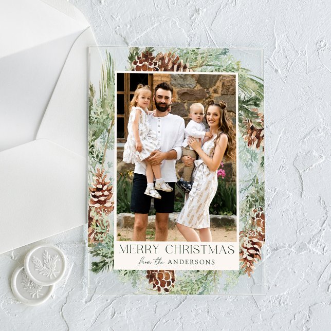 Rustic Watercolor Pinecone Wreath Holiday Photo Acrylic Invitations (Creator Uploaded)