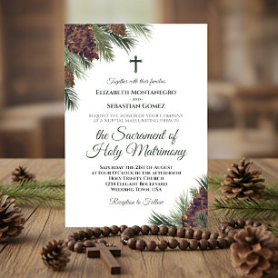 Rustic Watercolor Pinecones Catholic Wedding Invitation