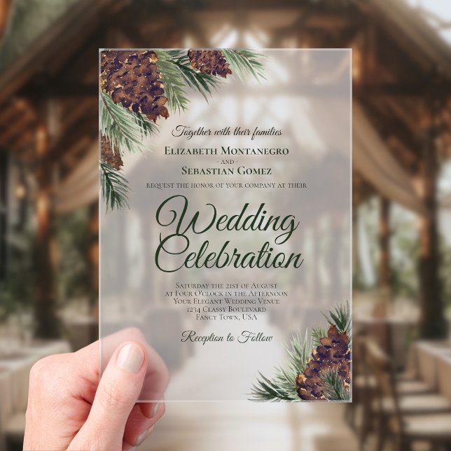 Rustic Watercolor Pinecones Elegant Wedding  Acrylic Invitations (Frosted Acrylic with Rectangle Cut)