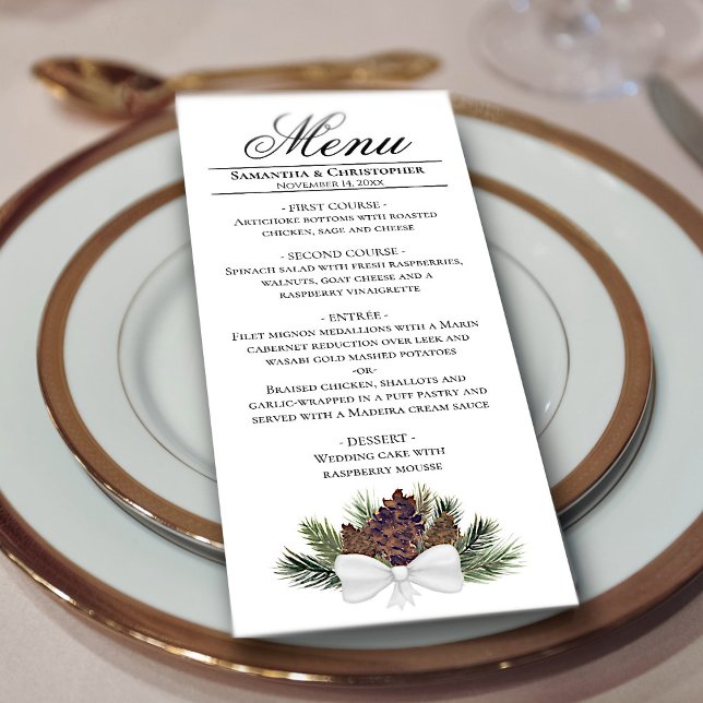Rustic Watercolor Pinecones Elegant Winter Wedding Menu (Creator Uploaded)