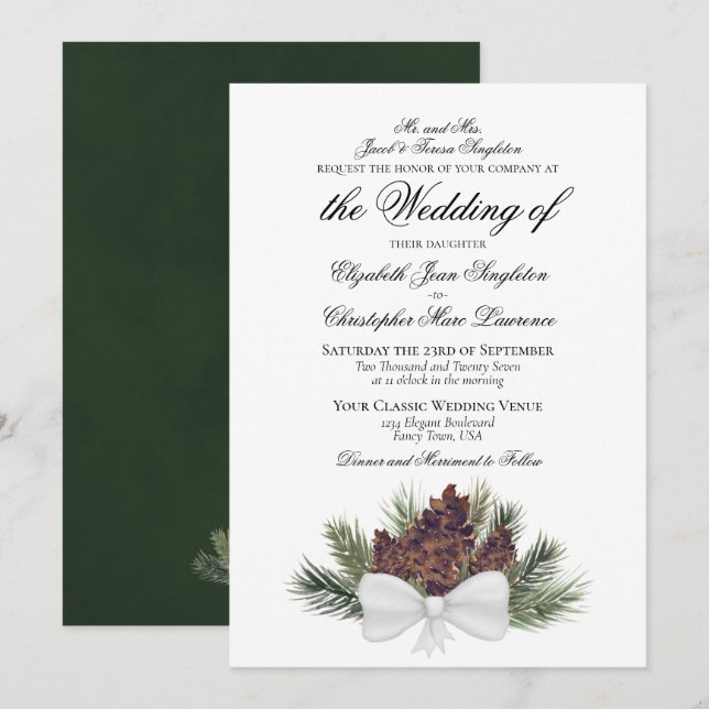 Rustic Watercolor Pinecones Formal Wedding Invitation (Front/Back)