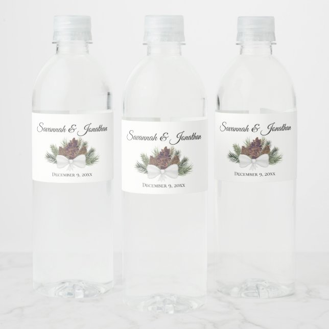 Rustic Watercolor Pinecones & Pine Boughs Wedding Water Bottle Label (Bottles)