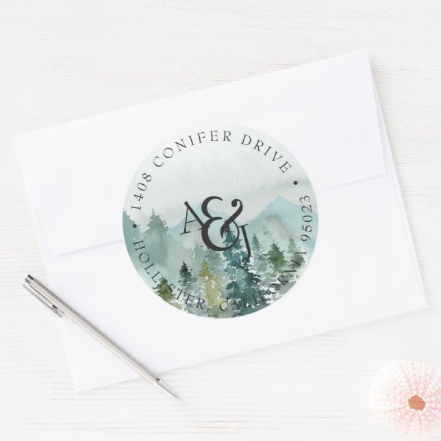 Rustic Watercolor Pines Monogram Wedding Classic Round Sticker (Envelope)