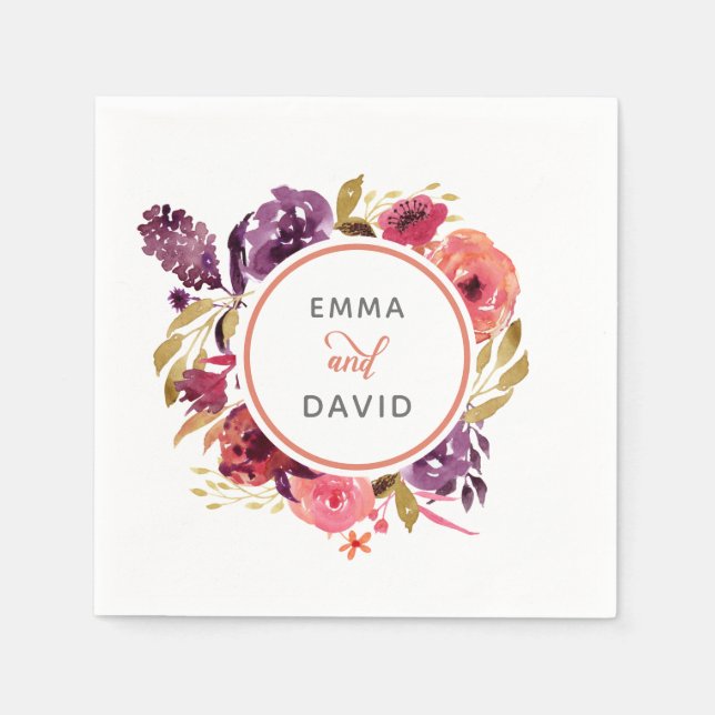 Rustic Watercolor Pink and Purple Floral Wedding Napkin (Front)