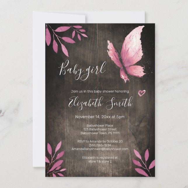Rustic watercolor pink butterfly girl babyshower invitation (Front)