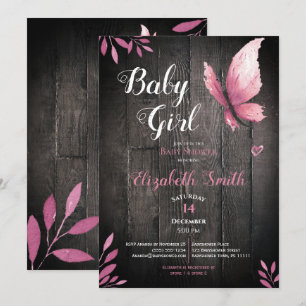 Rustic watercolor pink butterfly girl babyshower invitation