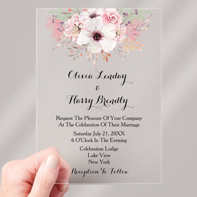 Rustic Watercolor Pink Floral Wedding  Acrylic Invitations (Stylishly Personalize with Your Custom Wedding Information.)