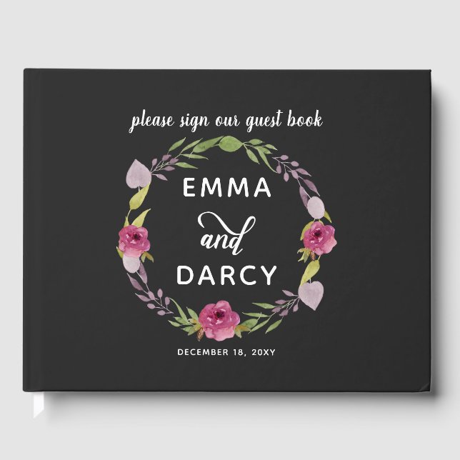 Rustic Watercolor Pink Floral Wedding Guest Book (Front)