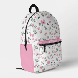 Rustic Watercolor Pink Flowers Personalized Name Printed Backpack