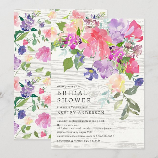 Rustic Watercolor Pink Purple Floral Bridal Shower Invitation (Front/Back)