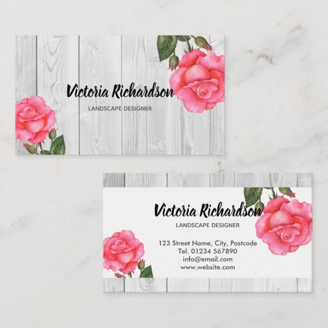 Rustic Watercolor Pink Roses Floral Art Business Card (Front/Back)