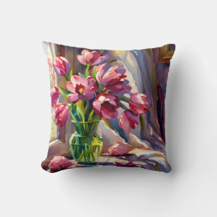 Rustic Watercolor Pink Tulips in Vase Throw Pillow