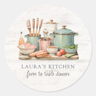 Rustic Watercolor Pots Pans Food Kitchenware Classic Round Sticker