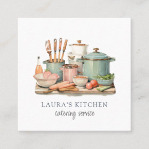 Rustic Watercolor Pots Pans Food Kitchenware Square Business Card