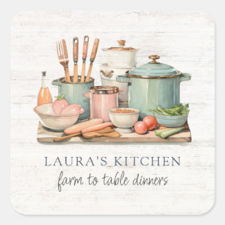 Rustic Watercolor Pots Pans Food Kitchenware Square Sticker