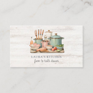 Rustic Watercolor Pots Pans Food Kitchenware Wood Business Card