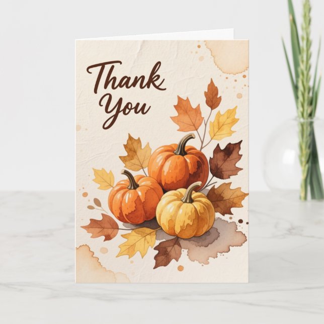 Rustic Watercolor Pumpkin Autumn Thank You Card (Front)