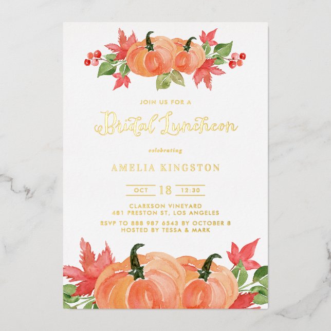 Rustic Watercolor Pumpkin Fall Bridal Luncheon (Front)