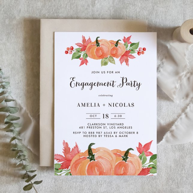 Rustic Watercolor Pumpkin Fall Engagement Party Invitation (Creator Uploaded)