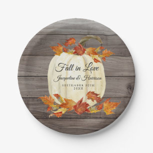 Rustic Watercolor Pumpkin Fall Leaves Dark Wood Paper Plate