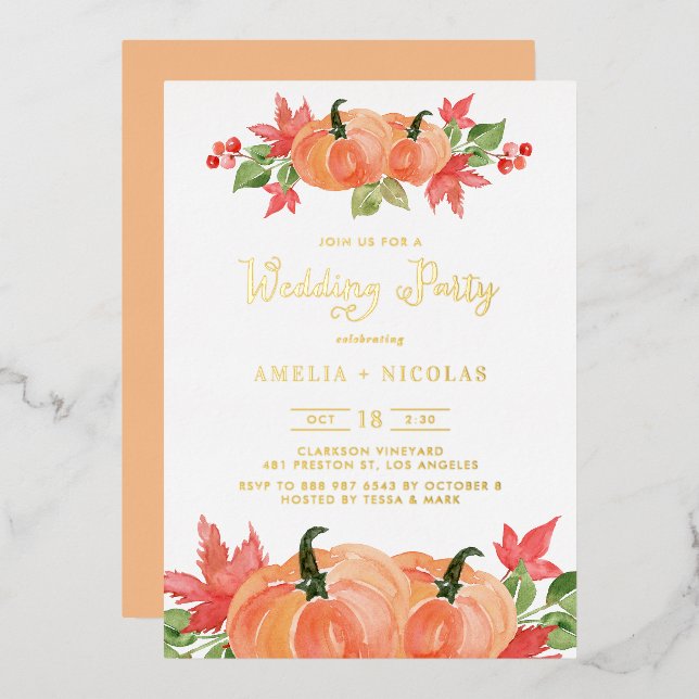 Rustic Watercolor Pumpkin Fall Wedding Party (Front/Back)