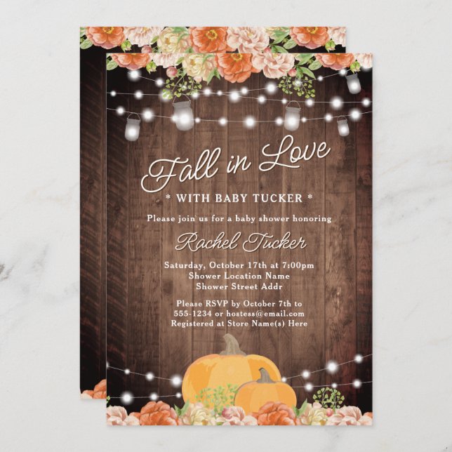 Rustic Watercolor Pumpkin Floral Fall Baby Shower Invitation (Front/Back)