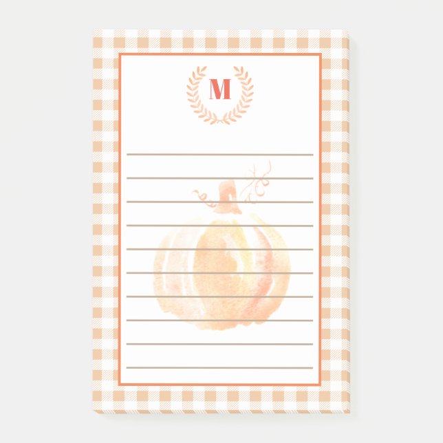 Rustic Watercolor Pumpkin & Plaid | Monogram Post-it Notes (Front)
