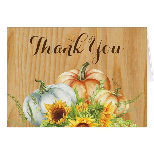 Rustic Watercolor pumpkin sunflower Thank You Card (Front Horizontal)