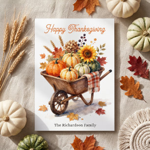 Rustic Watercolor Pumpkin Wheelbarrow Thanksgiving Card