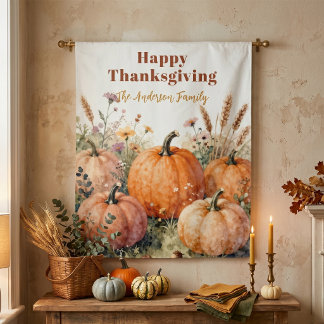 Rustic Watercolor Pumpkin Wildflower Thanksgiving Tapestry