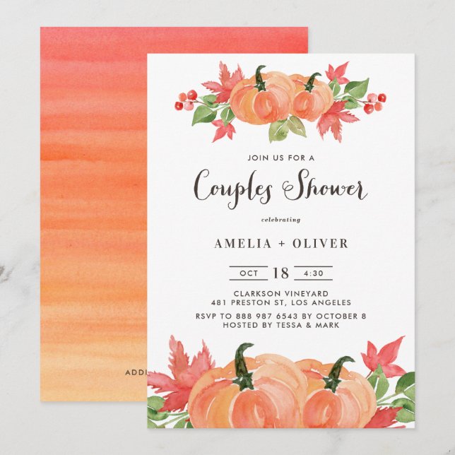 Rustic Watercolor Pumpkins Autumn Couples Shower Invitation (Front/Back)