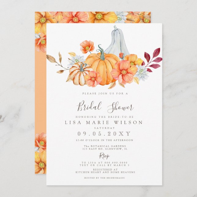 Rustic Watercolor Pumpkins Fall Bridal Shower Invitation (Front/Back)