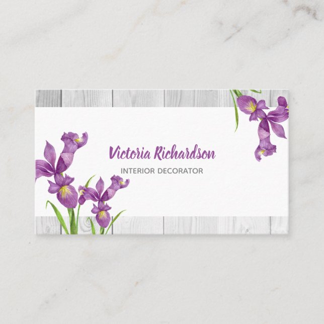 Rustic Watercolor Purple Irises Floral Design Business Card (Front)