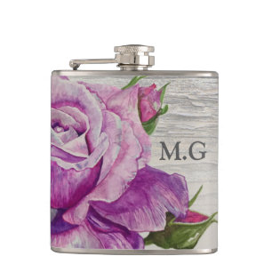 Rustic Watercolor Purple Rose Wood Monogram Hip Flask