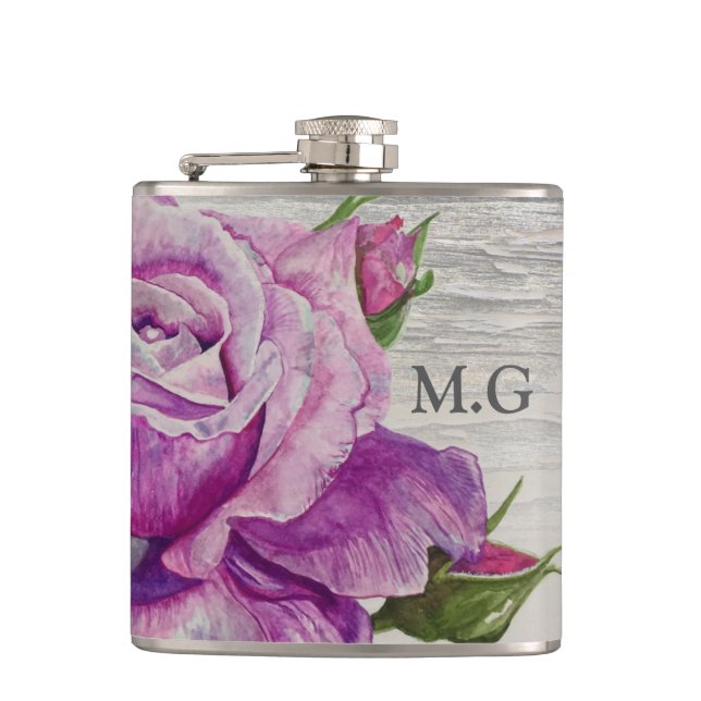 Rustic Watercolor Purple Rose Wood Monogram Hip Flask (Front)