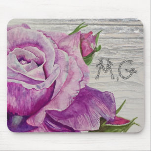 Rustic Watercolor Purple Rose Wood Monogram Mouse Pad