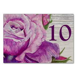 Rustic Watercolor Purple Rose Wood Table Number
