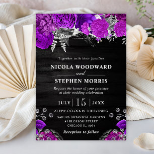 Rustic Watercolor Purple & Silver Flowers Wedding Invitation