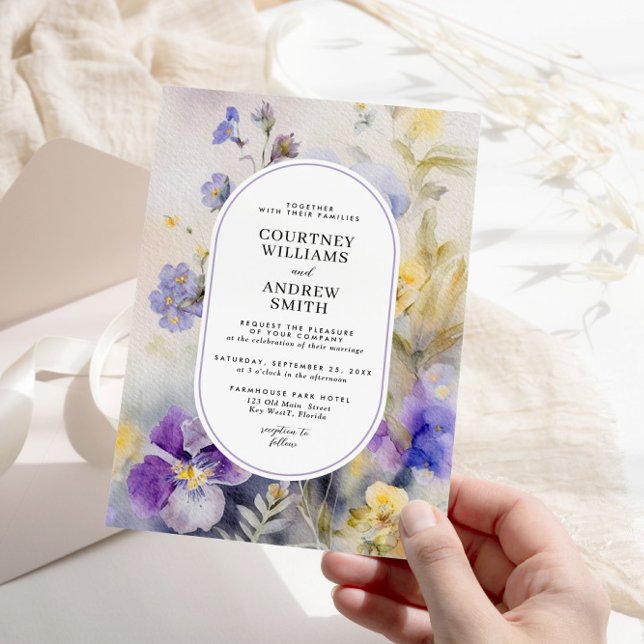 Rustic Watercolor Purple & Yellow Flowers Wedding Invitation (Creator Uploaded)