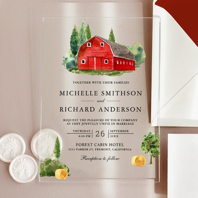Rustic Watercolor Red Barn Rural Farm Wedding Acrylic Invitations (Creator Uploaded)