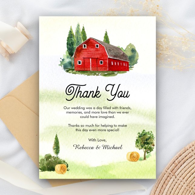 Rustic Watercolor Red Barn Rural Farm Wedding Thank You Card (Creator Uploaded)