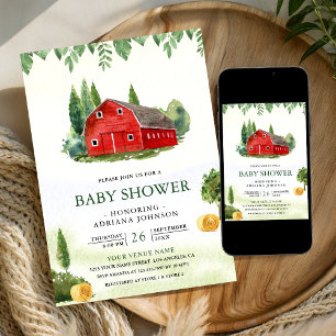 Rustic Watercolor Red Barnyard Farm Baby Shower Invitation