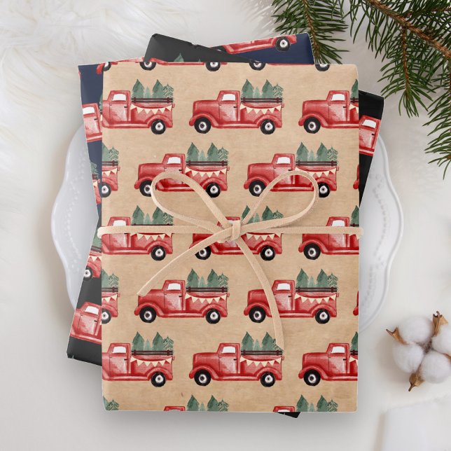 Rustic Watercolor Red Christmas Truck Wrapping Paper Sheet (Creator Uploaded)
