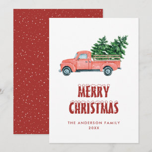 Rustic Watercolor Red Truck Merry Christmas Card